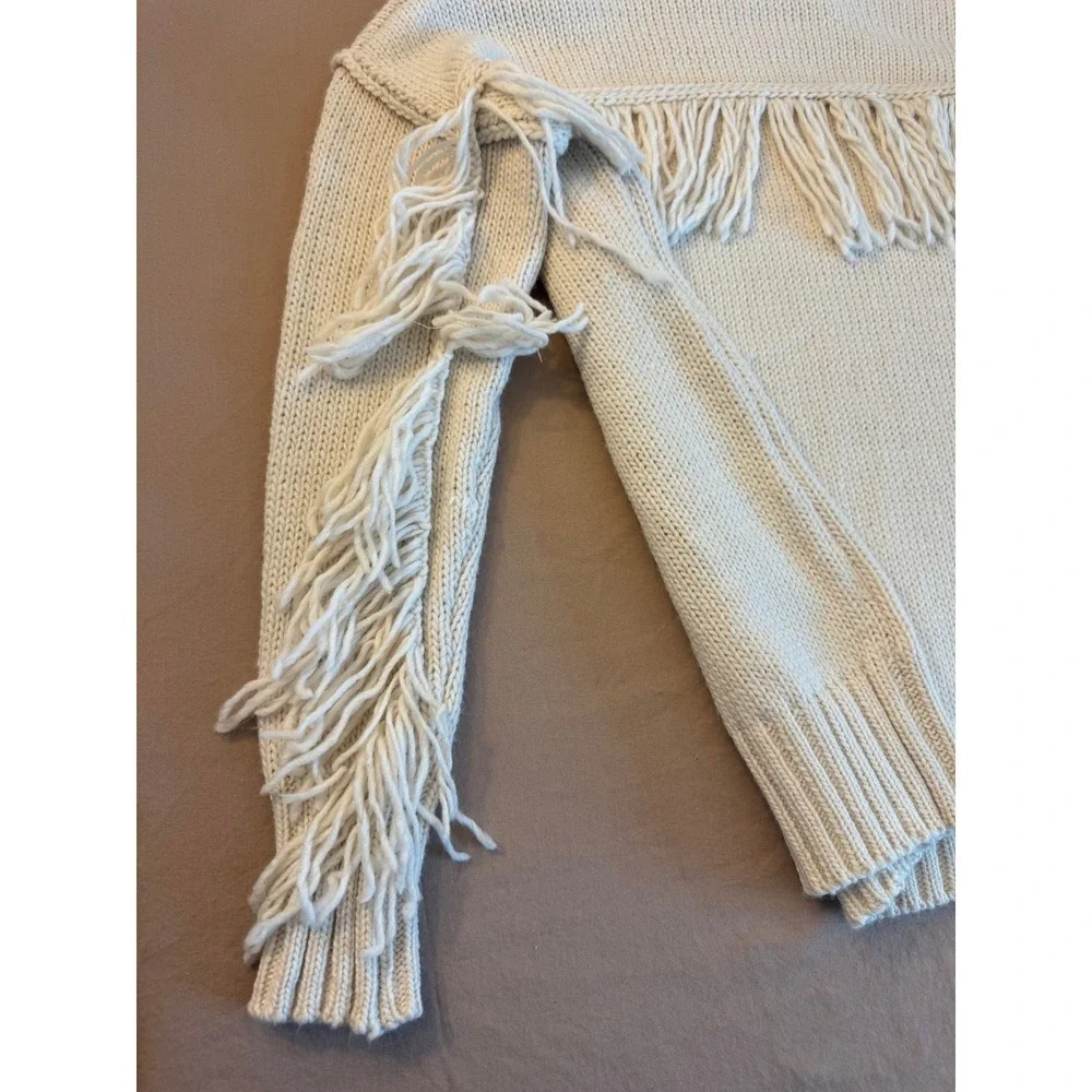 WILLOW & WIND Cream Fringe Turtleneck Sweater XS Cozy Boho Chunky‎ Knit Winter
